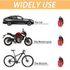 A set of red aluminum tire valve caps is shown next to a car, a motorcycle, and a bicycle.