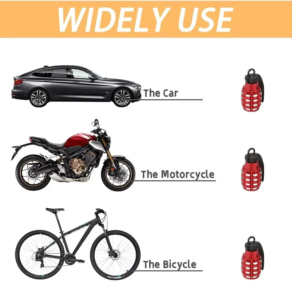 A set of red aluminum tire valve caps is shown next to a car, a motorcycle, and a bicycle.