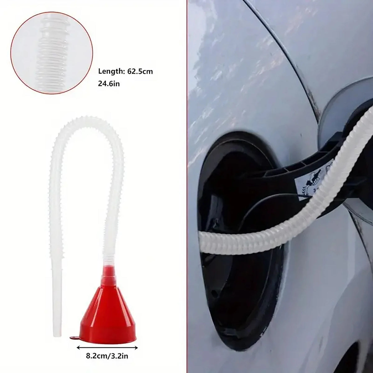 Weißes Multifunktions-Auto-Sieb-Set mit roter Düse und 62,5 cm Länge vor weißer Autoverkleidung.