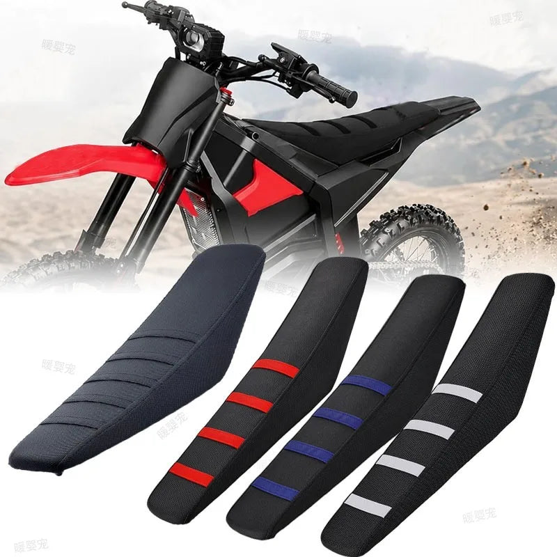 Black and red waterproof non-slip seat covers for e-bikes shown with a motorcycle in the background.