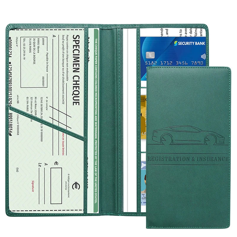 Grüner Leder-Kartenhalter mit transparentem Fenster, das einen Bankcheck und andere Dokumente zeigt.