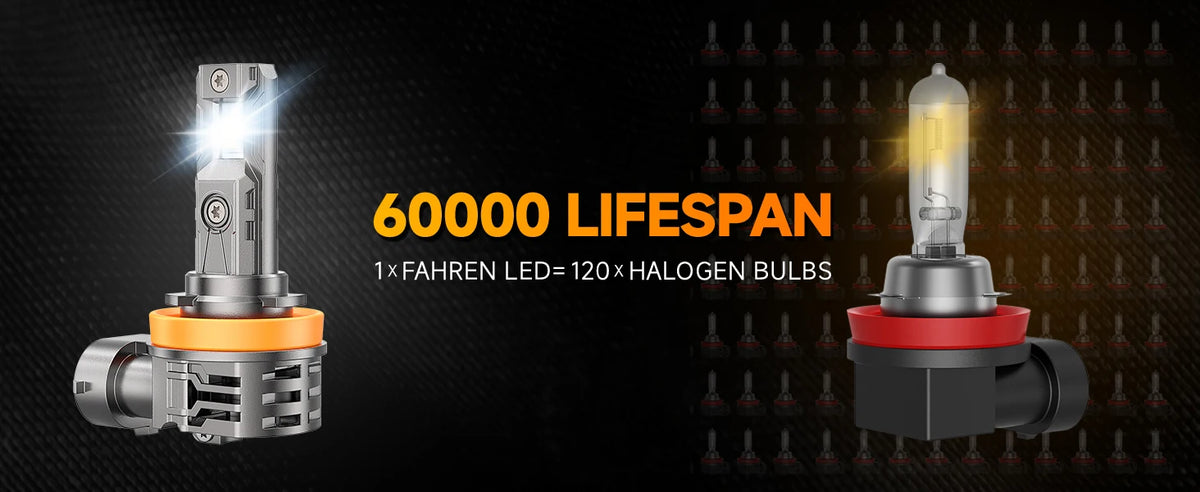 A set of 120 halogen bulbs and one high-performance LED bulb displayed against a dark background.