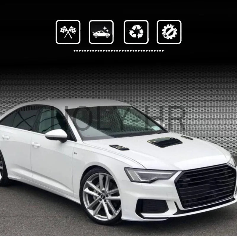 Une berline blanche avec un cache-ventil modifié et divers icônes automobiles sur un fond sombre.