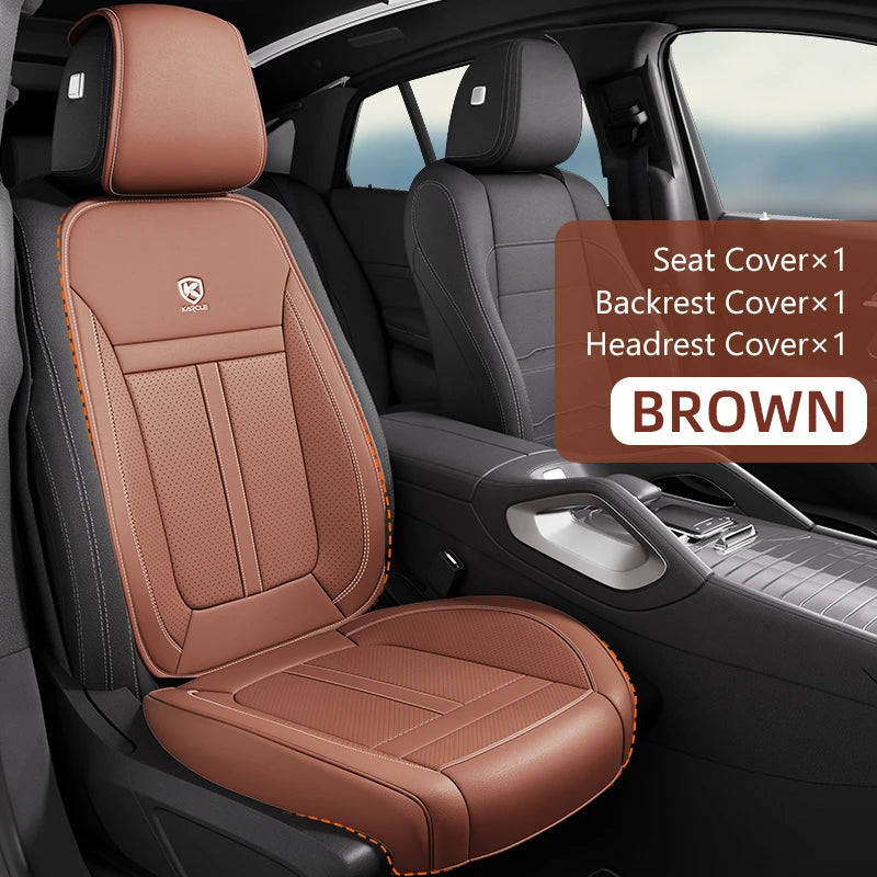 Brown 360° Nappa leather car seat covers including seat, backrest, and headrest covers shown in a car interior.