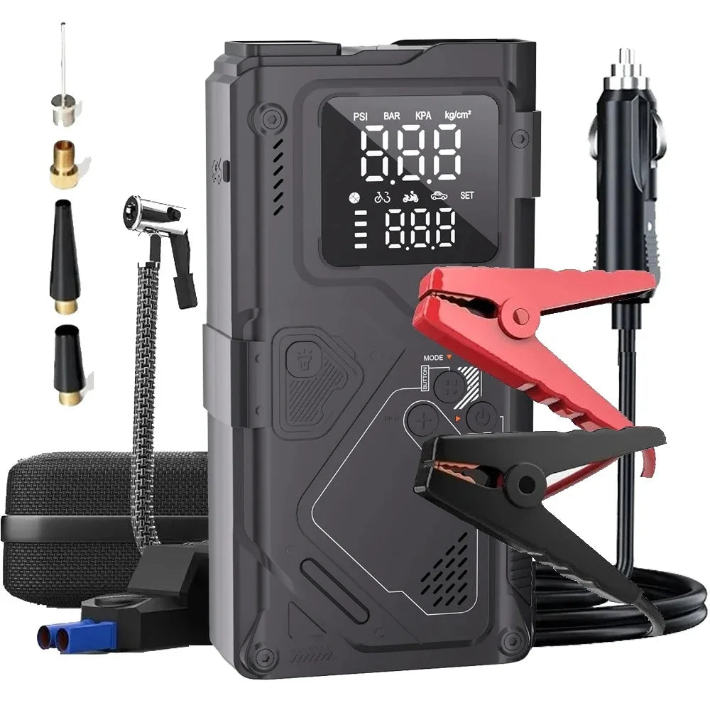 Un arrancador de baterías y inflador de neumáticos multifuncional negro con diversas herramientas y cables.