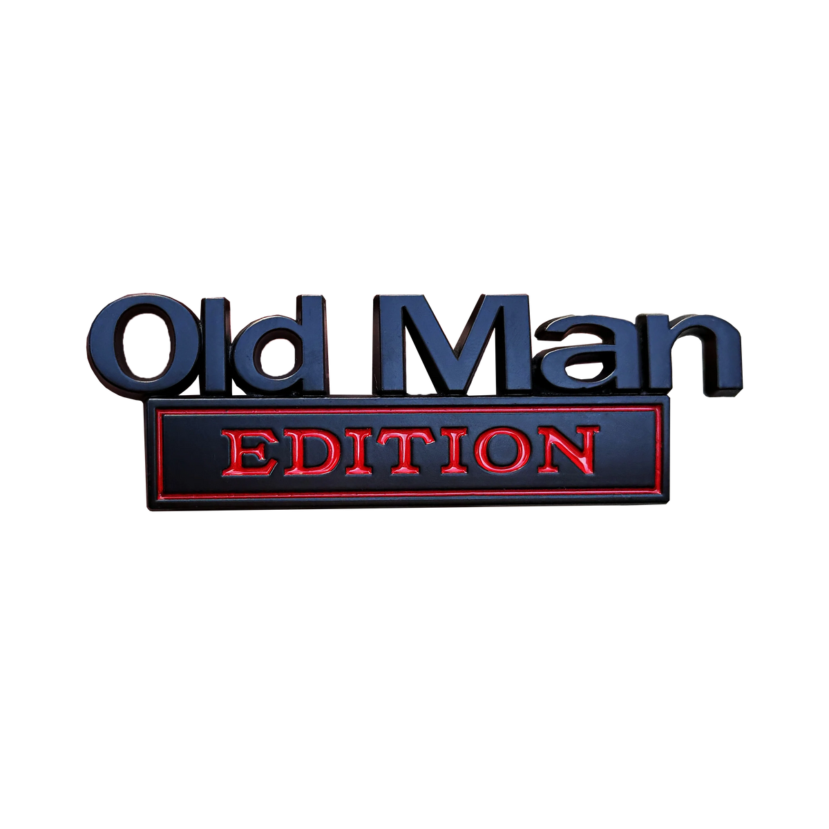 A metallic blue and red emblem featuring the text Old Man EDITION.