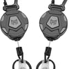 A black heavy-duty retractable keychain badge holder with a carabiner and silver clip.