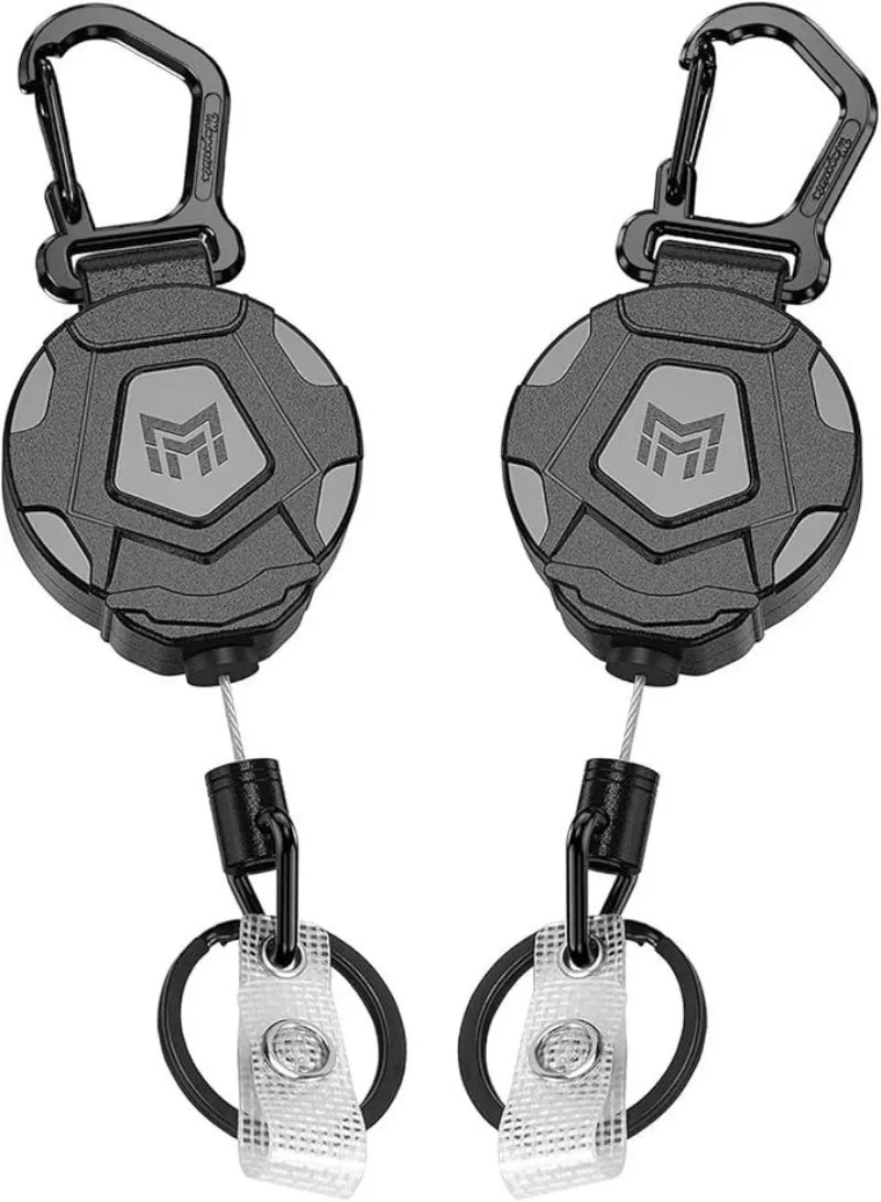 A black heavy-duty retractable keychain badge holder with a carabiner and silver clip.