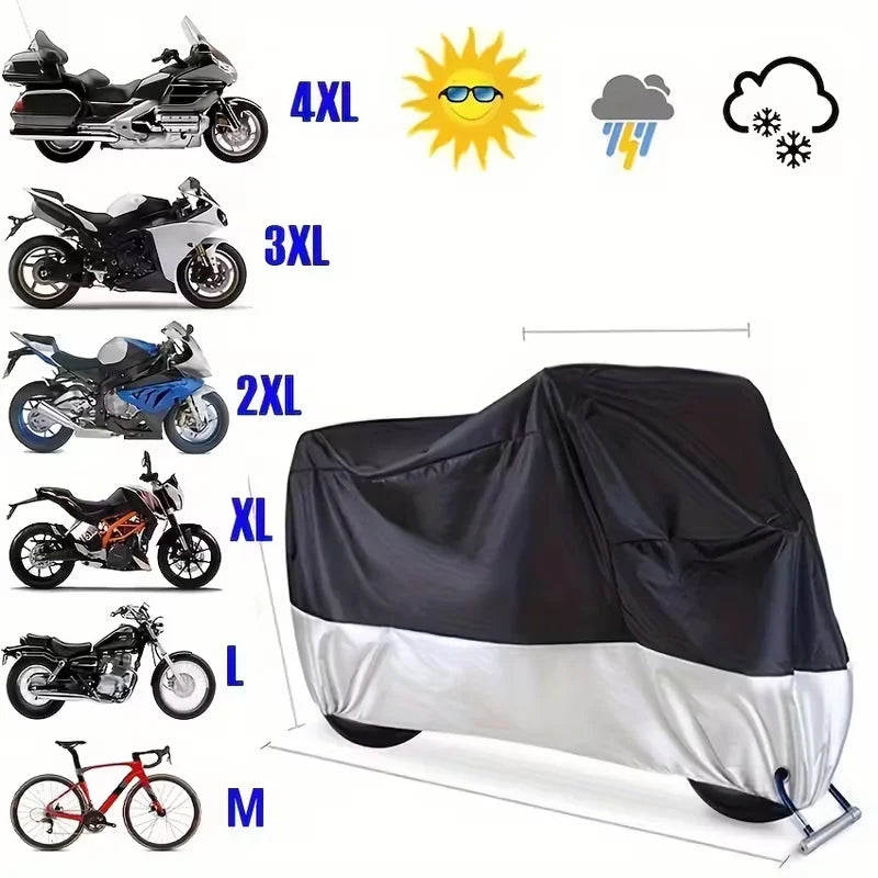 A set of universal motorcycle protective covers in various sizes (4XL to M) shown next to a large black and silver cover.