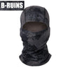 A dark gray tactical balaclava full face mask with a camouflage pattern.