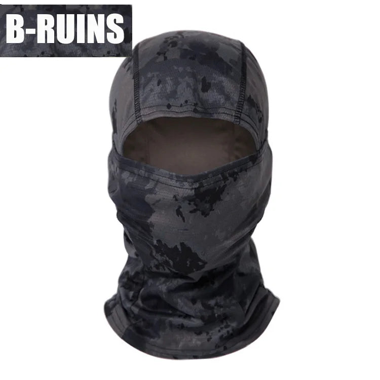 A dark gray tactical balaclava full face mask with a camouflage pattern.