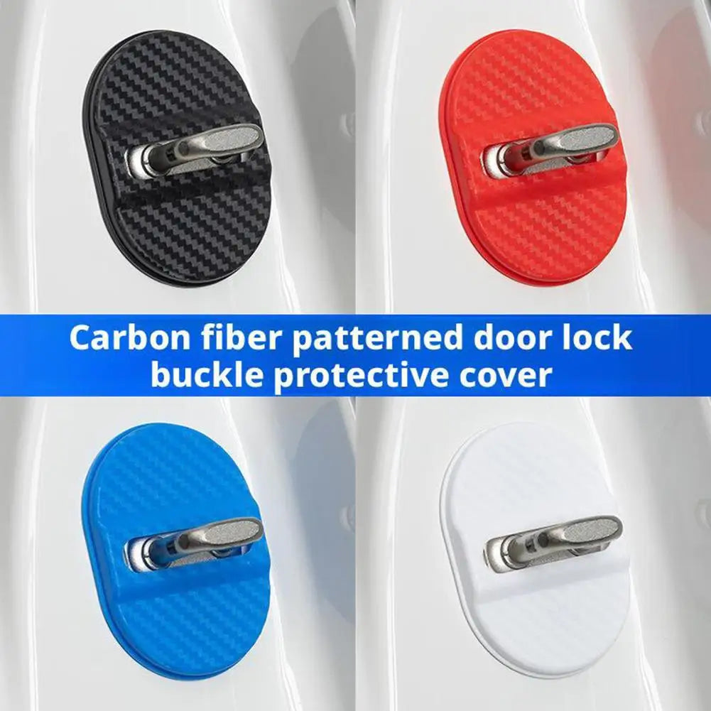 Four patterned door lock protective covers for universal car doors in black, red, blue, and white.
