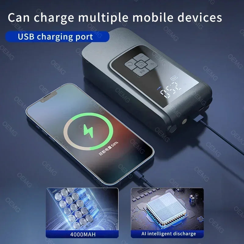 جهاز كهربائي محمول بمنفذ شحن USB بجوار هاتف ذكي، يوضح قدرته على شحن الأجهزة المتعددة
