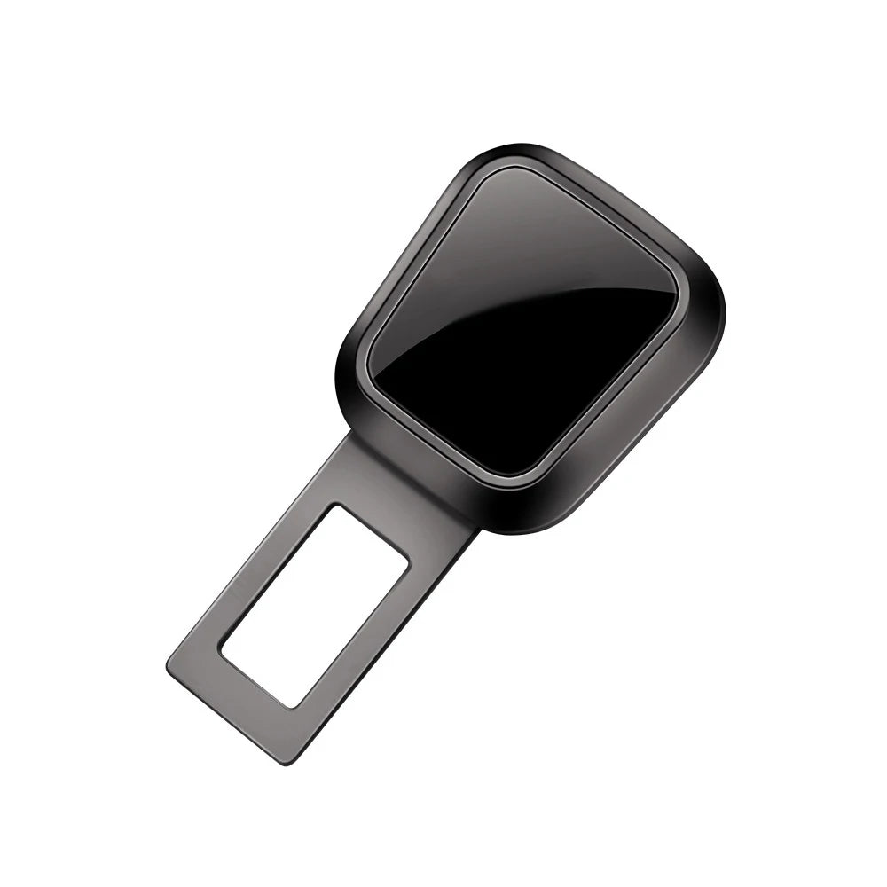 A black car seat belt extender with a quick-release buckle shown from above.