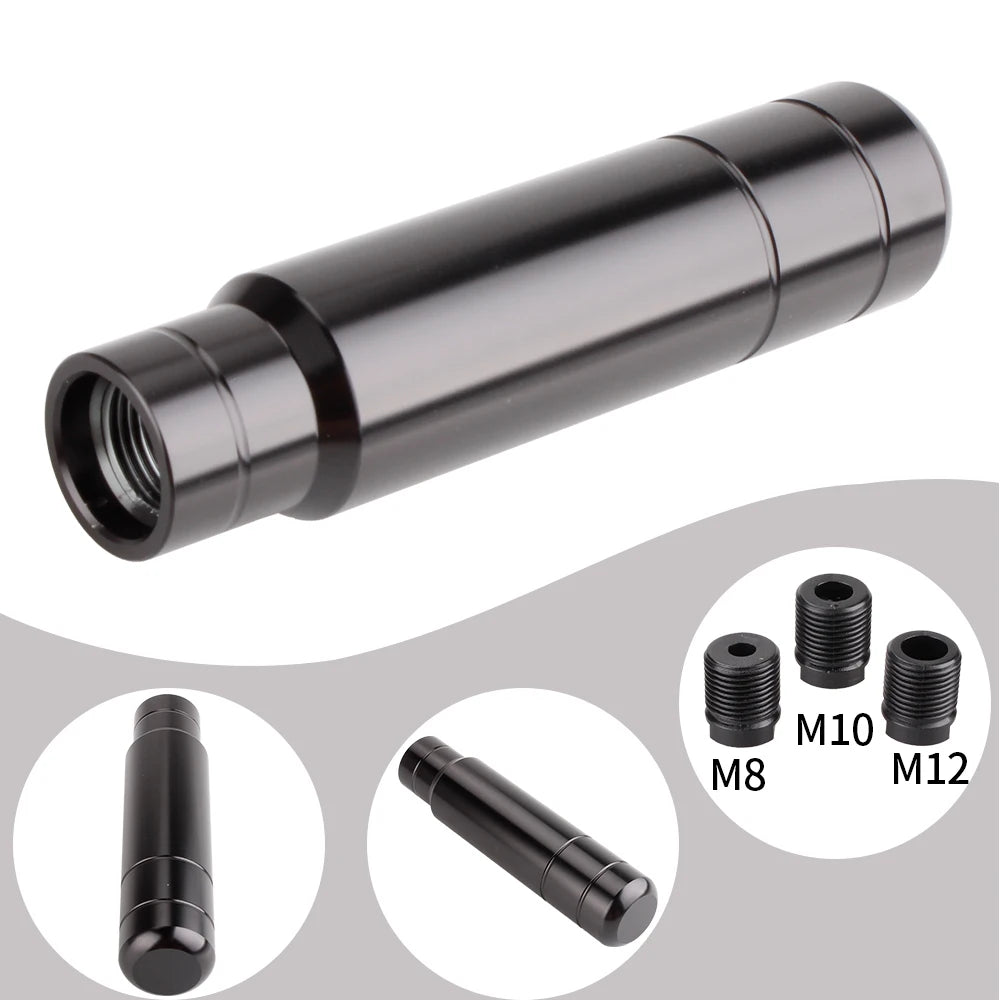 A close-up view of a black aluminum gear shift knob with various metric thread sizes shown in relation to the product.