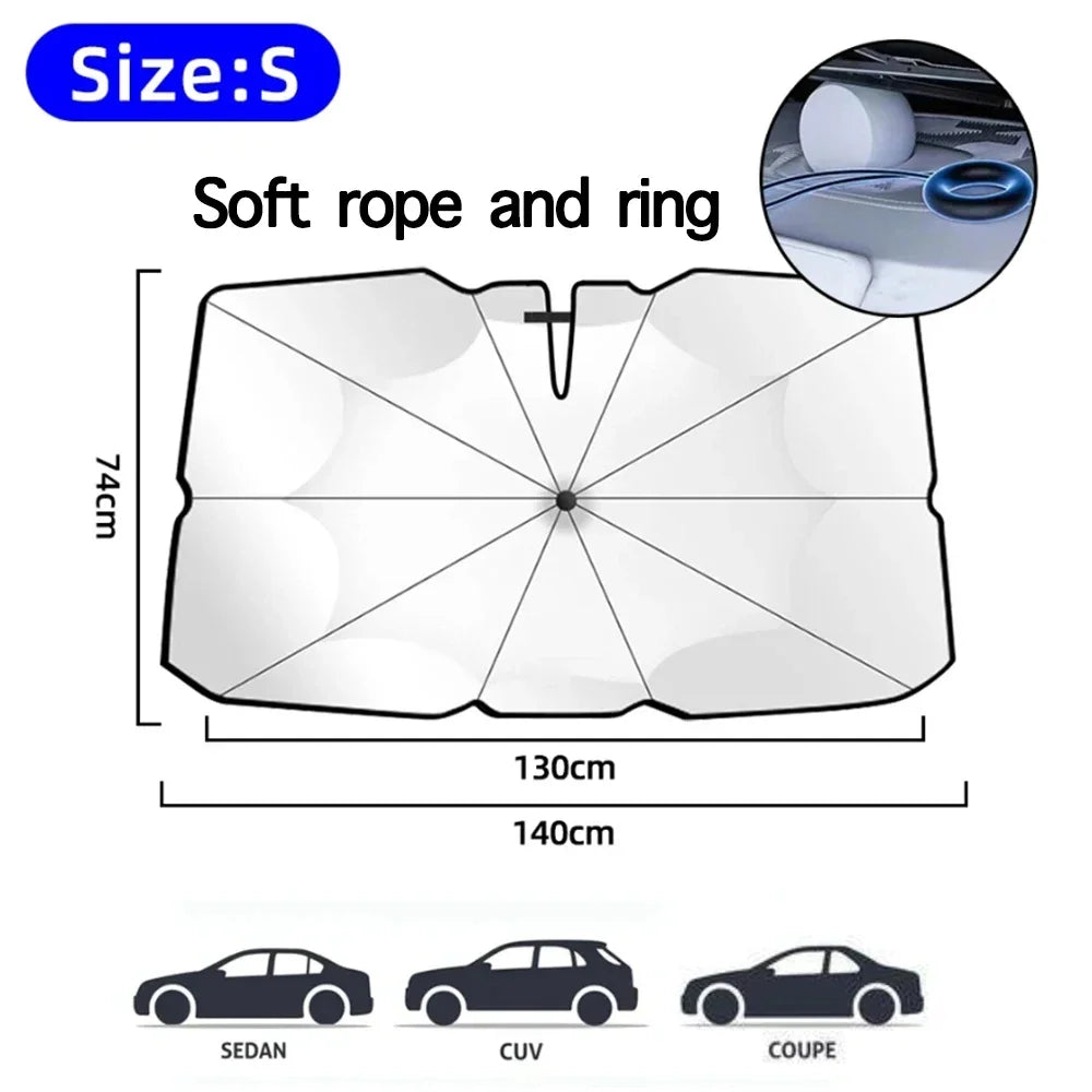 Foldable car windshield sunshade with soft rope and ring for UV protection, shown in various car types.