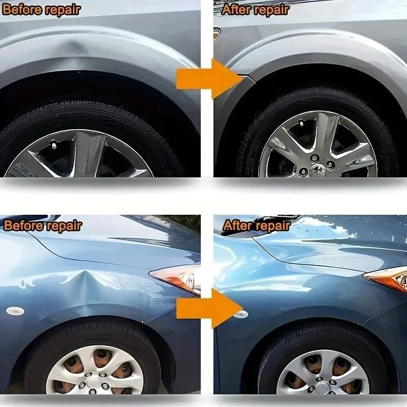 Comparison showing a car wheel before and after repair using a professional dent puller tool kit.