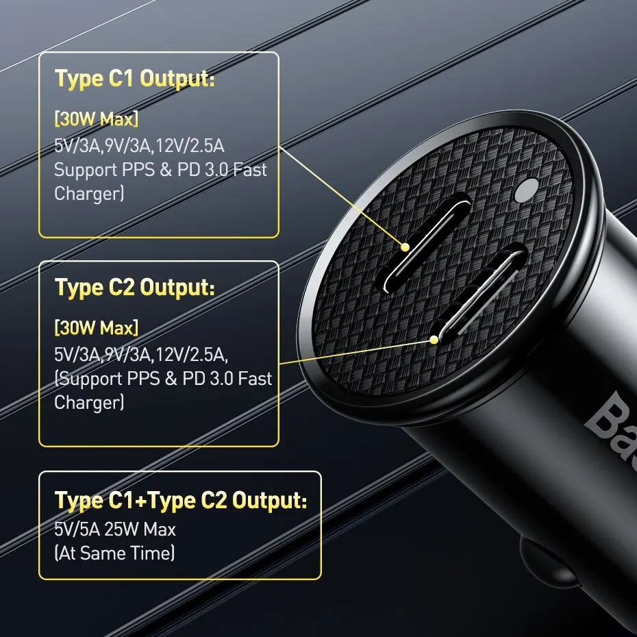 A close-up view of a black car charger showing specifications for Type C1, Type C2, and combined output.