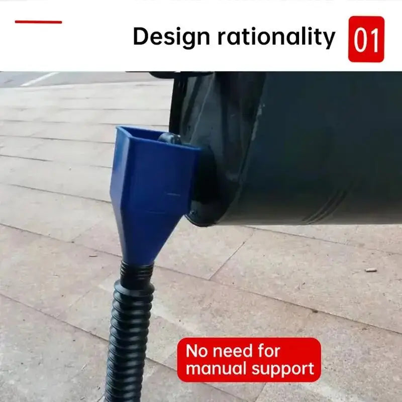 A blue funnel tool is shown being used to pour oil into a dark container.