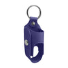 A purple portable inhaler storage case with a metal keyring and clasp.