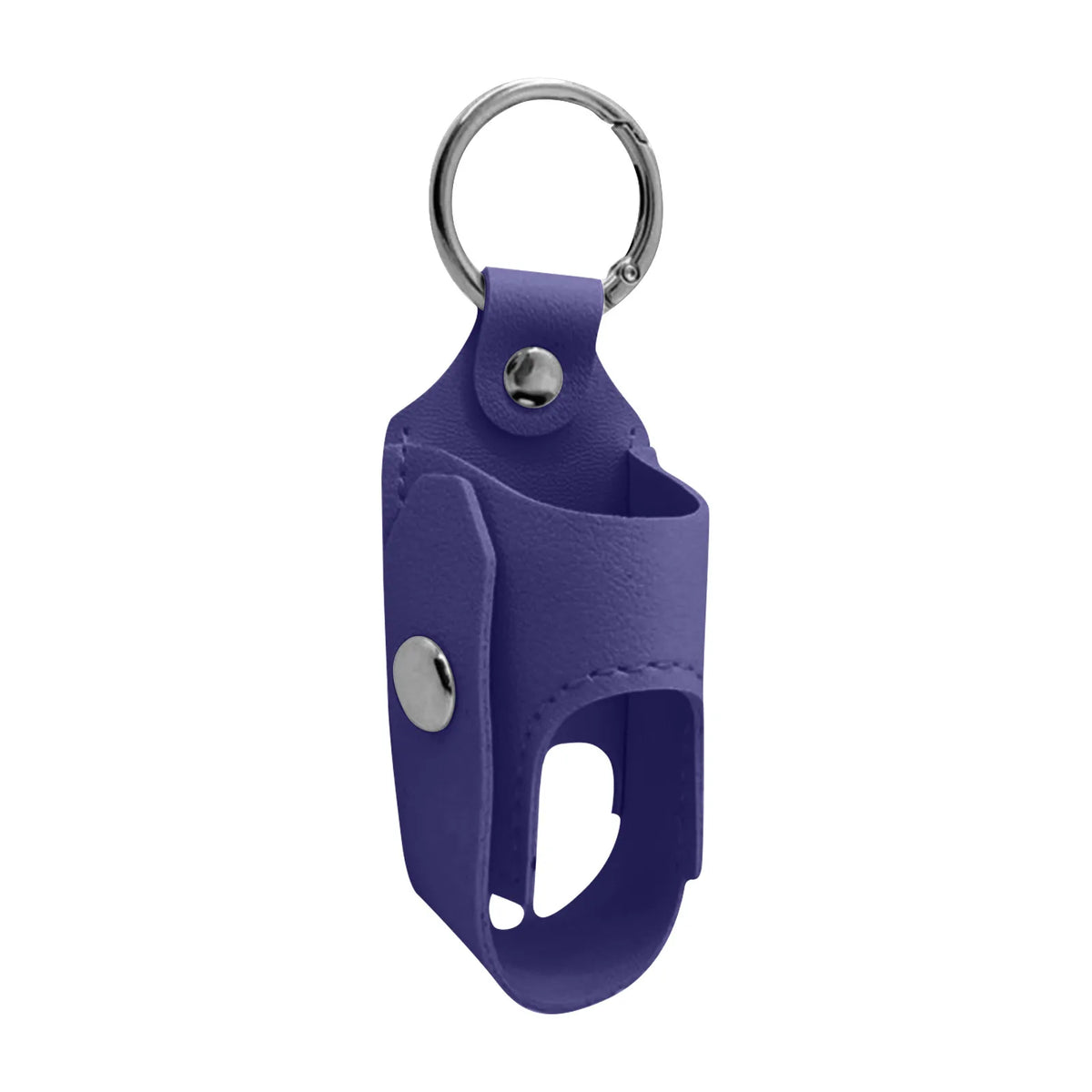 A purple portable inhaler storage case with a metal keyring and clasp.