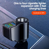 A black cigarette lighter expansion adapter with three fast charging lines shown on a textured surface.
