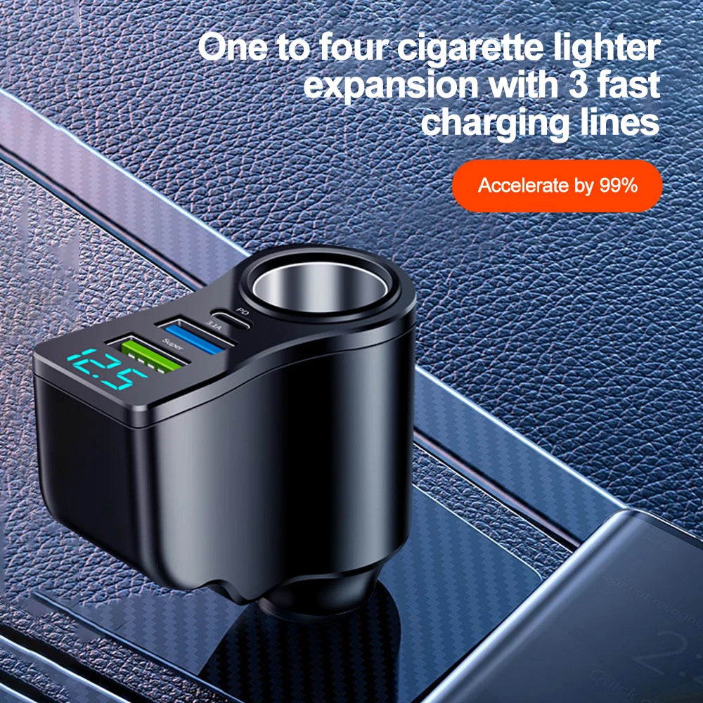 A black cigarette lighter expansion adapter with three fast charging lines shown on a textured surface.