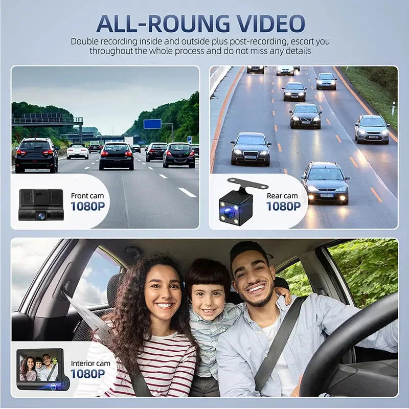 A triple-lens dash cam system showing exterior driving footage and interior recording capabilities.