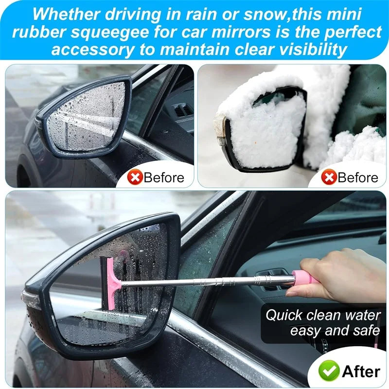 A mini rubber squeegee tool used to clean car mirrors and glass for clear visibility.