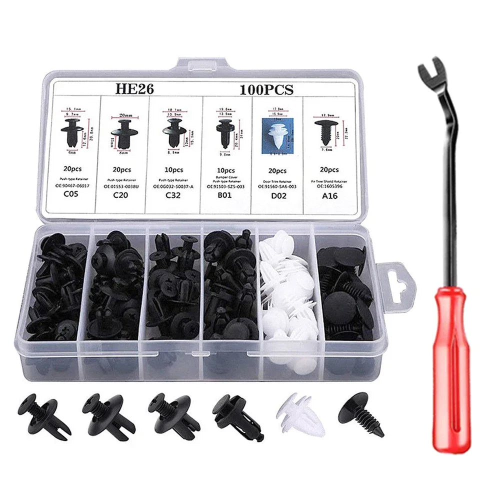 A plastic box containing various sizes of automotive fastener clips and a single red tool.