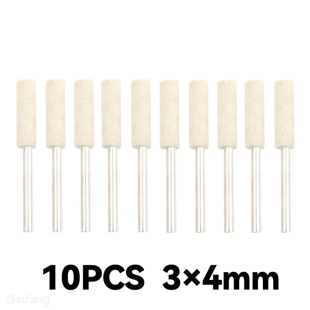 Ten pieces of beige wool felt polishing buffing wheels with 4mm diameter shafts.