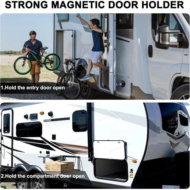 A man holds an entry door open on a white RV, demonstrating a strong magnetic door holder.