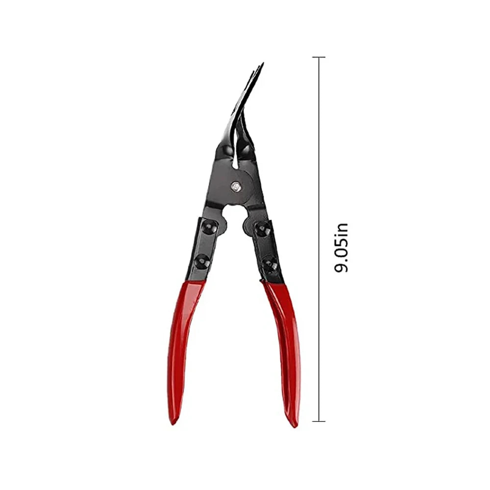 A pair of black and red precision plastic trim and rivet removal pliers shown vertically.