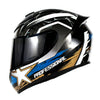A black and silver universal motorcycle helmet with a racing design featuring blue and gold accents.