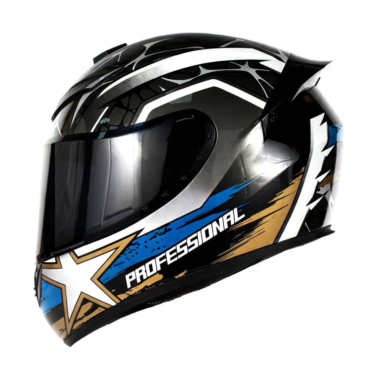 A black and silver universal motorcycle helmet with a racing design featuring blue and gold accents.