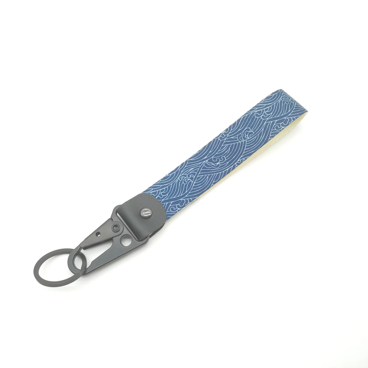 A gray lanyard with a blue patterned fabric strap and a metal clasp for a JDM car keychain.