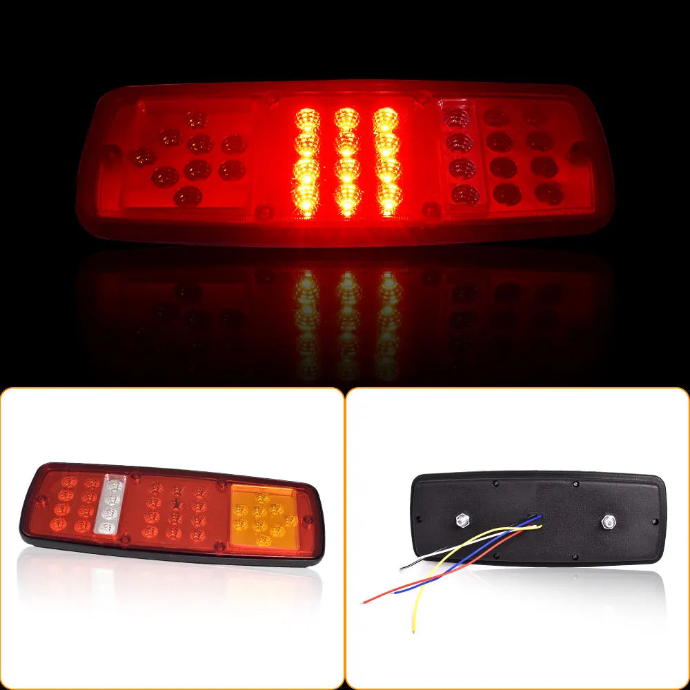 Dual high-brightness truck tail lights for commercial vehicles, showing red and amber illumination.