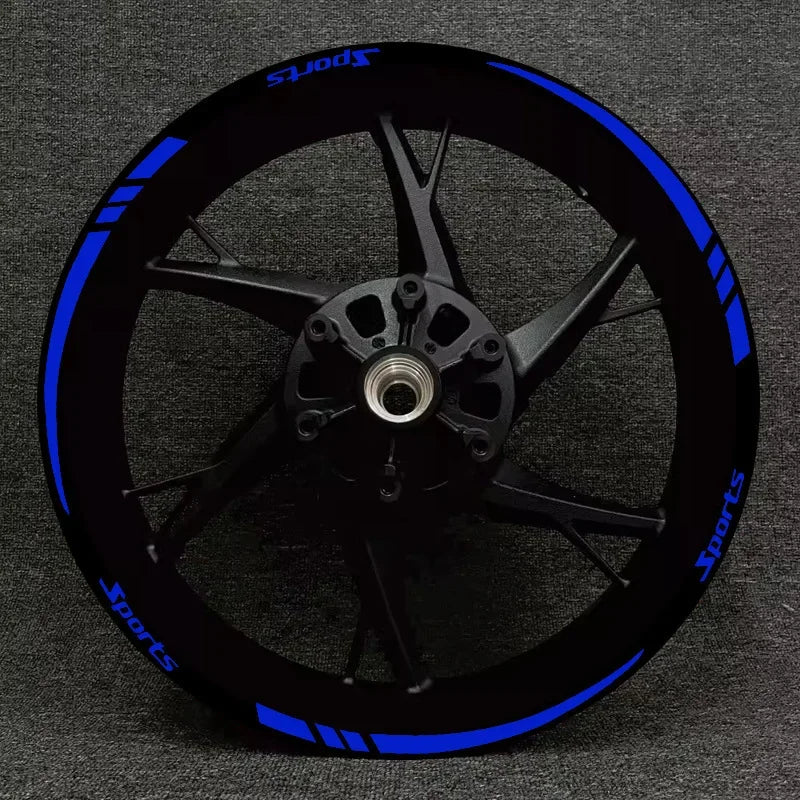 Black sports motorcycle wheel with blue accents and decals
