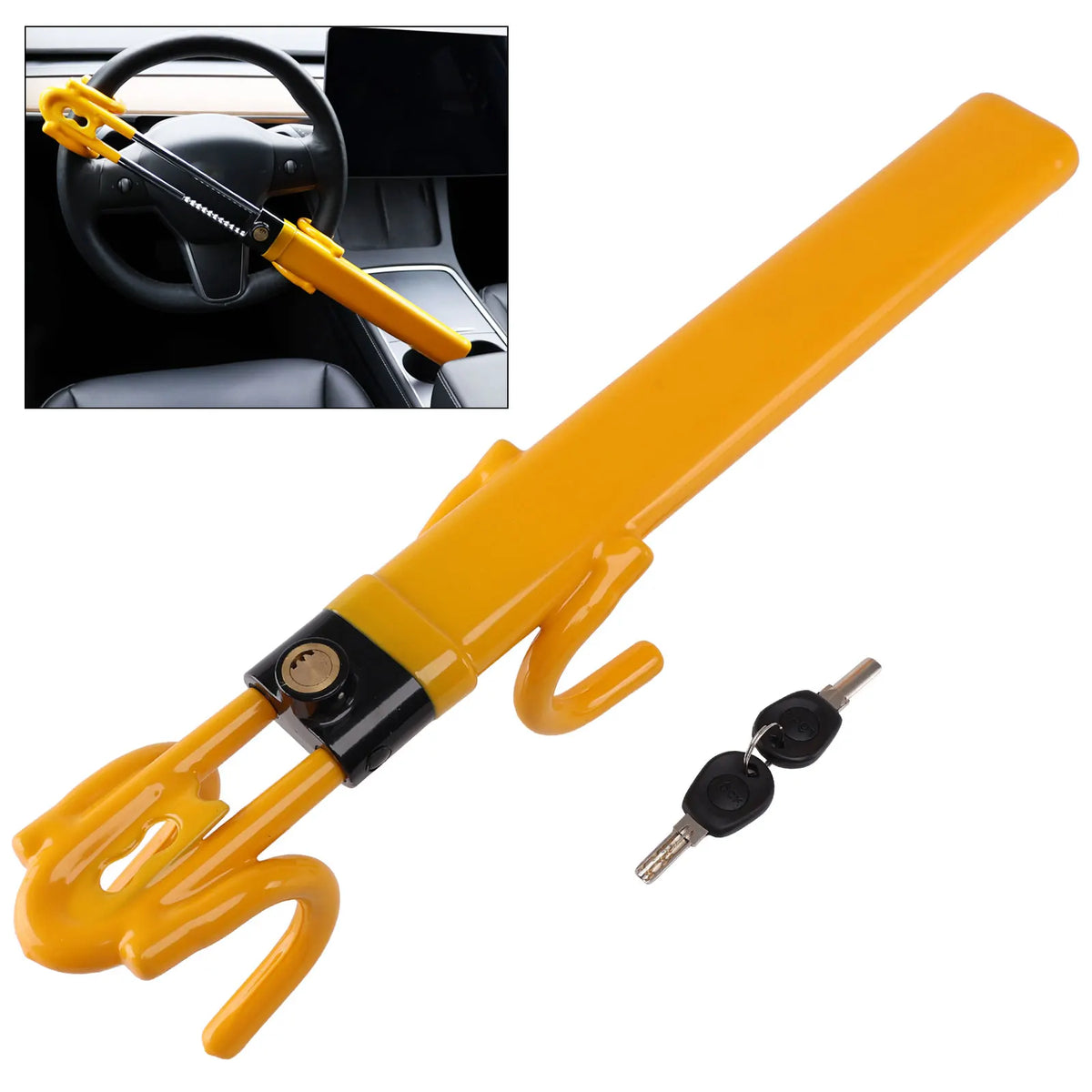 Yellow heavy duty adjustable steering wheel lock with a flexible yellow strap and key fob