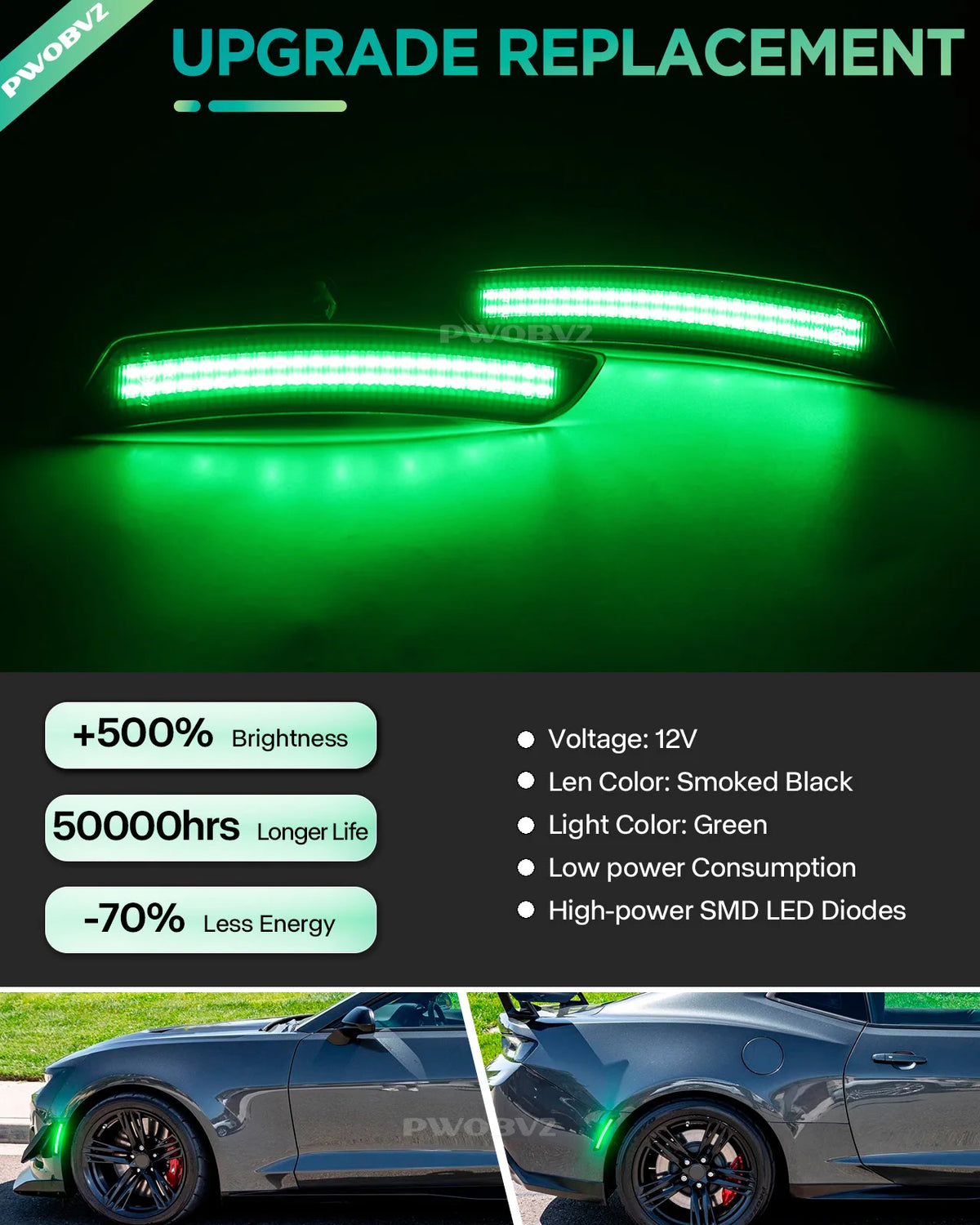 Bright green LED upgrade replacement turn signal lights installed on a car.