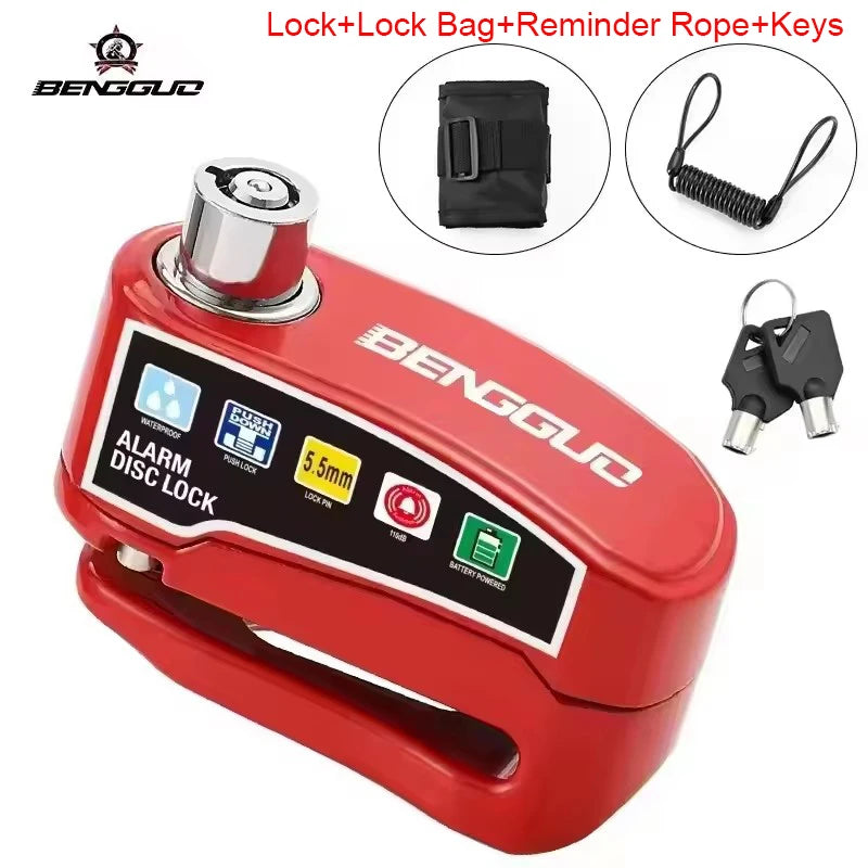 A red lock and key device with a disc brake lock, reminder rope, and keys shown next to the product.