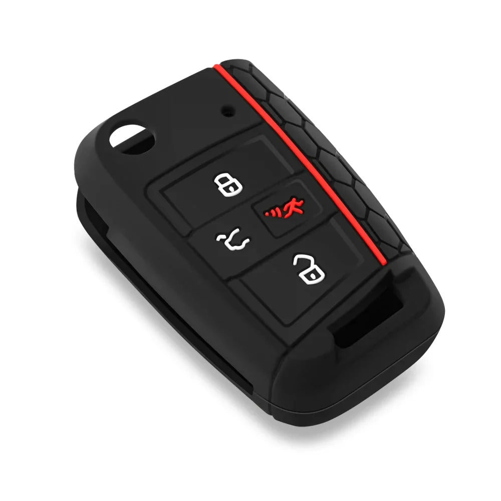 Black silicone car key cover with a red accent line and various key cutouts