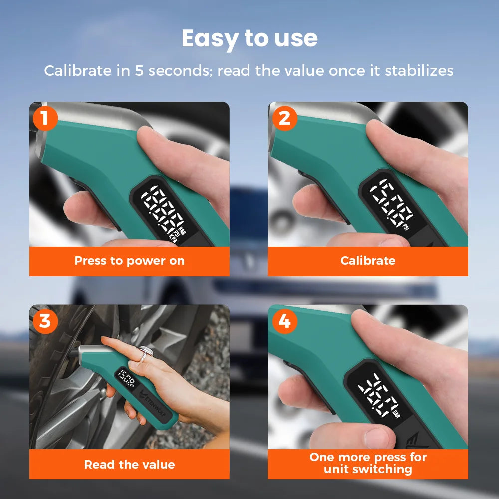 A hand holds a teal digital tire pressure gauge, demonstrating the five-step calibration and reading process.