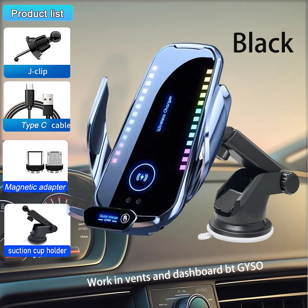 A black wireless car charger with RGB lighting is shown mounted on a vehicle dashboard.
