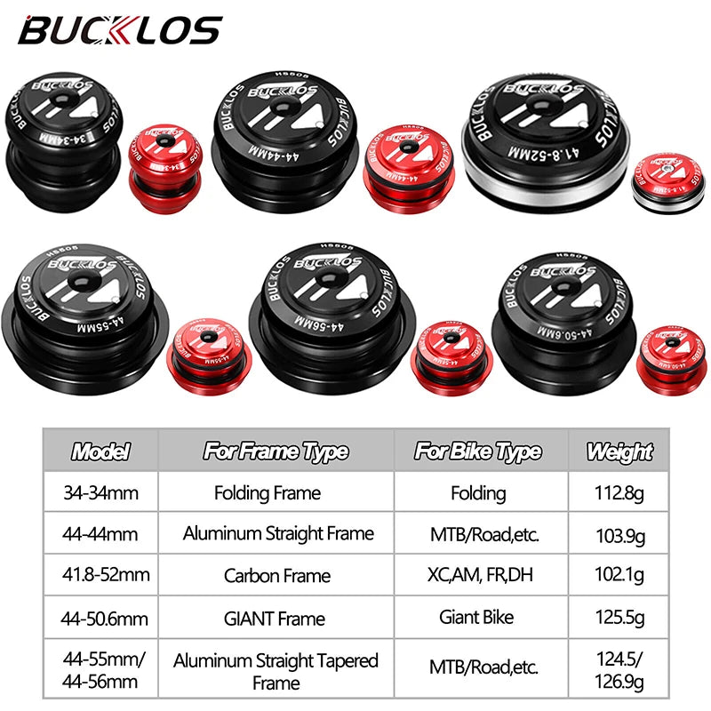 A collection of black and red precision bike headsets for various frame types including folding, aluminum, carbon, and giant 