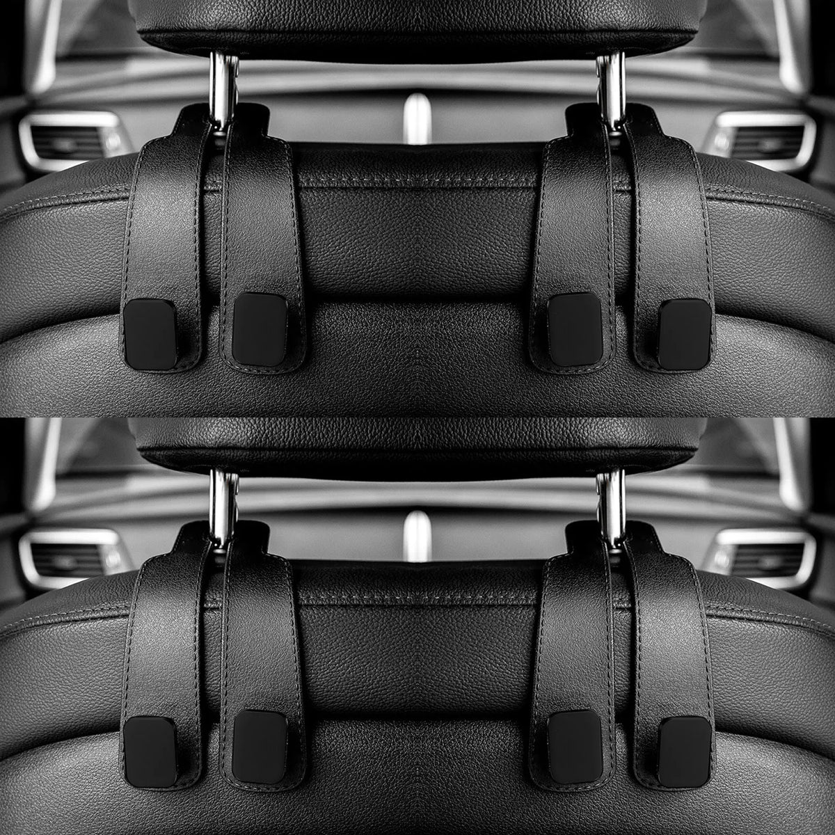 Close-up view of black car headrest hooks designed for bag organization.