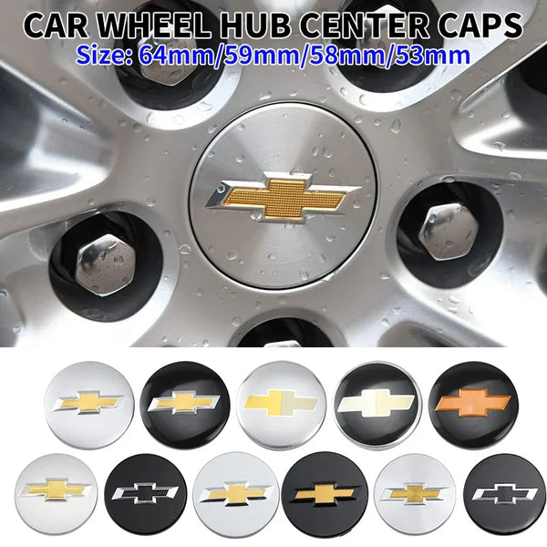Set of decorative aluminum and black center caps for car wheel hubs in various sizes