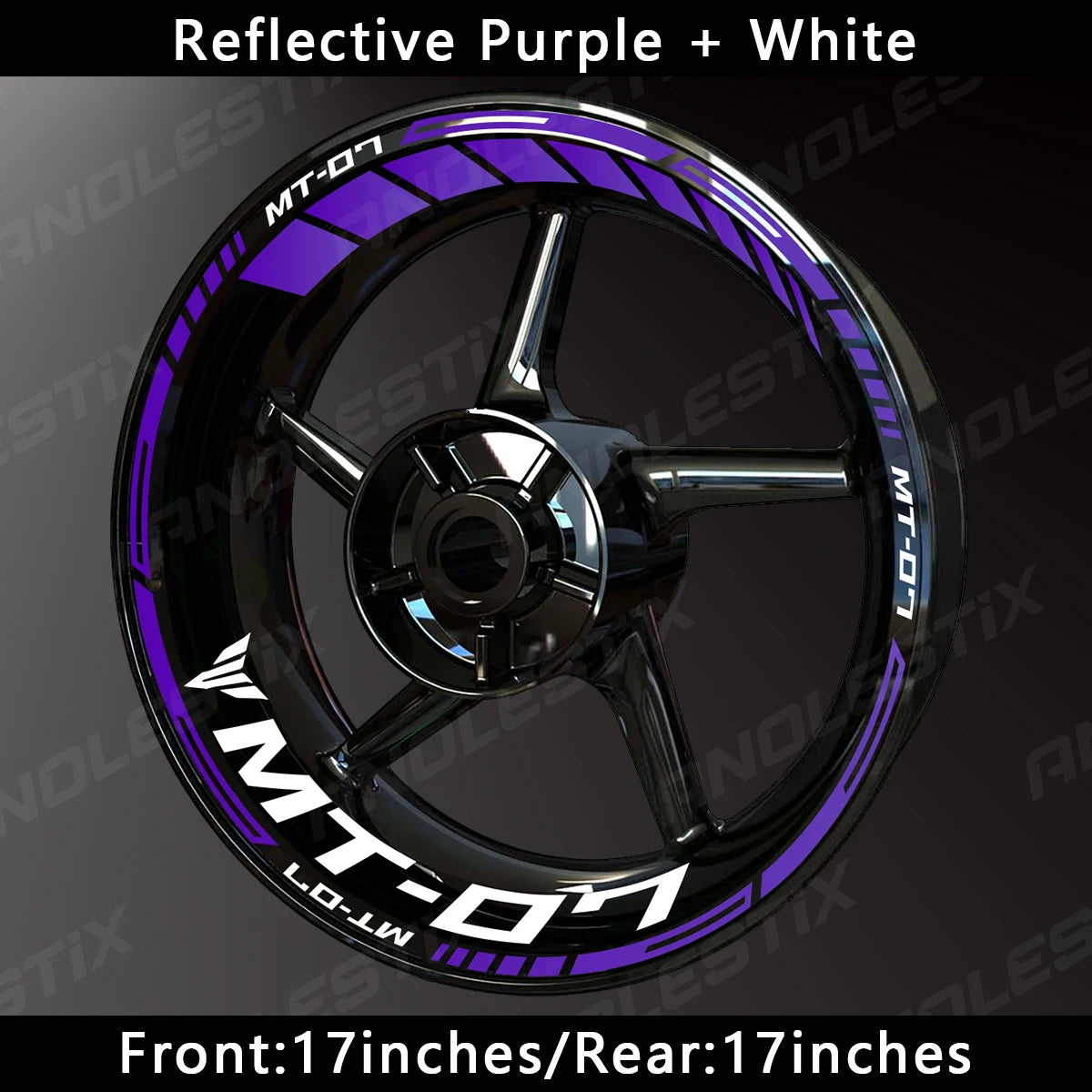 Reflective purple and white motorcycle wheel decals for a Yamaha MT-07