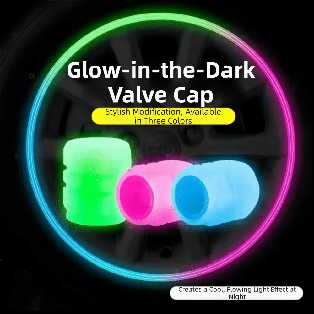A glow-in-the-dark valve cap product showing three colors: green, pink, and blue, set against a dark background.