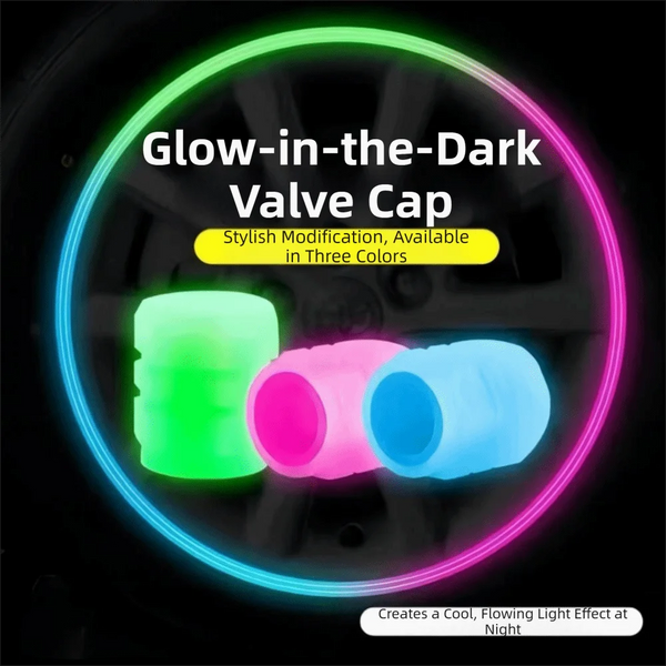 A glow-in-the-dark valve cap product showing three colors: green, pink, and blue, set against a dark background.